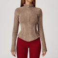 Slim fit fleece jacket for women with full zip and stand collar in warm earth brown - S / Rice Camel