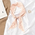 Pink and beige patterned silk skinny scarf tied on soft fabric with heart brooch - Letter X - Pink White Print Scarf