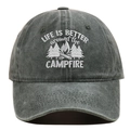Detailed embroidery of Life is Better around the Campfire on grey washed cotton cap - Green