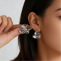 Irregular silver alloy jewelry set with gray crystal stones shown on female model - Silver Geometric Square Earrings (20)