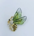 Golden bee insect brooch with green resin wings and sparkling rhinestone accents - Light KC Gold Emerald Bee