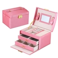 Three-layer pink PU leather jewelry storage box with gold lock and vanity mirror - 17*12*12.5cm / Watermelon red
