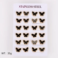 Set of 12 pairs of gold and black butterfly stud earrings on stainless steel display - Black Shell / Large (13*9.5mm)