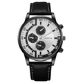 Close-up of Geneva men's watch featuring a white sunray dial with triple sub-dials - Silver White Dial Black Strap