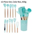 12-piece mint green silicone kitchen utensil set with wooden handles and storage bucket - Lightweight Kitchen Utensil Set / Mint Green