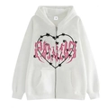 White zip-up hoodie with pink spider web heart print and PANIC text, Y2K street style - S / White (Heart Print)