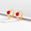 Gold plated hoop earrings featuring a round red zircon and hollow heart side details - Heart Cutout Red Gemstone Huggies-EH020