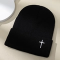 Winter black rib-knit beanie with white cross embroidery for unisex casual warmth - One Size / Black