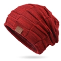 Dark red cable knit beanie with thick fleece lining and embossed leather sport tag - Mixed Wine Red