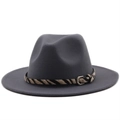 Detail of dark gray wool fedora hat with zebra pattern band and metal buckle - M (56-58cm) / Dark Gray