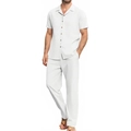 Men's white summer beach set with lapel short sleeve shirt and long casual pants - S / White