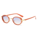 Fashionable oval sunglasses with orange frames, gold temples and gradient lenses on white - Orange Blue