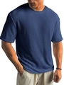 Detail van de donkerblauwe wafelgebreide stof en de ronde halslijn van het T-shirt - S / Tops / Blauw