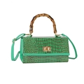 Borsa a mano verde brillante con motivo coccodrillo, manico in bambù e chiusura - Verde