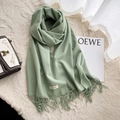 Solid green cashmere-like scarf with fringe edges and small Aesthetic label on fur surface - Olive Green