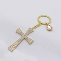 Close-up of golden rhinestone cross keychain with water drop diamond pendant detail - Gold-1 (Clear Rhinestones)