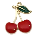 Golden alloy cherry charm with red and green enamel for DIY jewelry making - Cherry 19x18mm