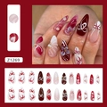 French style deep red almond press on nails with 3D ribbon bow and pearl accents - Floral Shadow Pattern (Z1269) / Glue Type