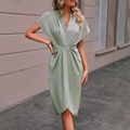 Elegant sage green V-neck midi dress with ruched waist and silky draped fabric - S / Light Green