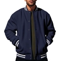 Men's dark blue heavy baseball jacket with white striped ribbing and snap buttons - S / Navy Blue