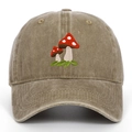 Detailed view of red mushroom embroidery on vintage washed khaki cotton baseball cap - Adjustable / Khaki