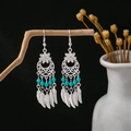 Ethnic bohemian feather tassel earrings in vintage silver with turquoise bead accents - Feather Tassel Artificial Turquoise Blue Style (E4215/Blue)