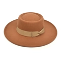 Top view of a caramel wool felt fedora featuring a champagne grosgrain bow ribbon - M (56-58cm) / Khaki