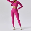 Three-piece rose red high-waist yoga set including sports bra, jacket, and leggings - Long Sleeve + Bra + Pants Magenta