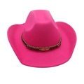 Rose red western cowboy hat in felt fabric with brown beaded band and metal feather - M(56-58cm) / Fuchsia (Gold Feather)