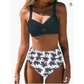 Two-piece bikini set featuring black halter top and high-waist palm tree print bottom - S / Black