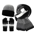 Ensemble d'hiver 3 pièces avec bonnet en tricot, écharpe longue et gants tactiles noir et blanc - Noir