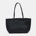 Borsa tote classica in pelle nera intrecciata con motivo a lisca di pesce e doppi manici - Grande / Nero