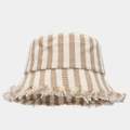 Close-up of khaki striped bucket hat featuring frayed edges and herringbone canvas texture - M (56-58cm) / Rice Light Khaki Striped