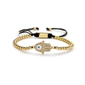 Golden beaded Hamsa hand bracelet with cubic zirconia and evil eye charm on black cord - Hamsa Hand
