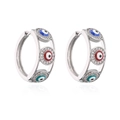 Detailed view of silver hoop earrings featuring blue, red and green evil eye zircon motifs - Silver Red Green Blue Triple Eye