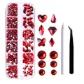 12-grid nail art crystal set with red rhinestones, mixed shapes, wax pen, and tweezers - Light Siam with Tweezers & Pen (ZSHZ-207 with Tools)