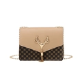 Detail of crossbody bag featuring khaki flap, monogram pattern and golden deer head ornament - Khaki Printed