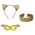 Set con orecchie da gatta, girocollo e maschera in paillettes dorate per festa in maschera - Fascia + Maschera + Choker / Oro