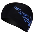 Elastic fabric swimming cap in black with blue tribal pattern and stylish design - Black With Blue Flame