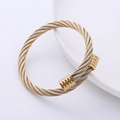 Classic two-tone stainless steel cable wire cuff bracelet with gold-plated threaded ends - Gold and Silver Two-tone