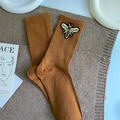 Chic mustard yellow crew socks with 3D bee embroidery and beads on a cozy knit backdrop - One Size / Caramel color