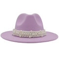 Classic purple wool felt fedora hat featuring a luxury pearl embellished band for women - Taro Purple (Large Pearl)
