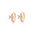 Detail of gold hoop earrings with pink enamel coating and a square zircon stone inlay - LN0626-1 Pink Gold Square Zirconia Hoop
