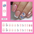 Roze en blauwe vlinder kunstnagels set met glitterverloop en 24 stuks tips - 24 Stuks/Doos / Roze Glitter Vlinder Franse Stijl (W505-Lijmtype)