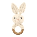 Handmade crochet baby rattle with a cute rabbit design and natural wooden ring - Millet Rabbit