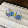 Detailed shot of handmade beaded flower earrings featuring blue and purple resin petals - 2# 925 Sterling Silver Earring Post-Colorful-Beaded Flower (HE24970)