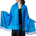 Luxury blue pashmina shawl with intricate jacquard pattern and fringe detailing - Bright Blue (T003-122)