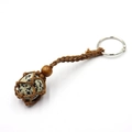 Handmade woven net keychain with natural spotted stone pendant and dark wood bead accent - Dalmatian Jasper + Brown Mesh Keychain