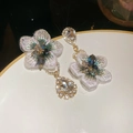 Detailed view of floral embroidery earrings featuring pear-cut crystals and starburst sparkle - White Embroidery Flower Pear Crystal (6#)