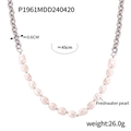 Collier élégant en acier titane avec perles d'eau douce et maillons argentés épais - Longue Chaîne en Épissure de Perles Baroques (P1961-金色项链)